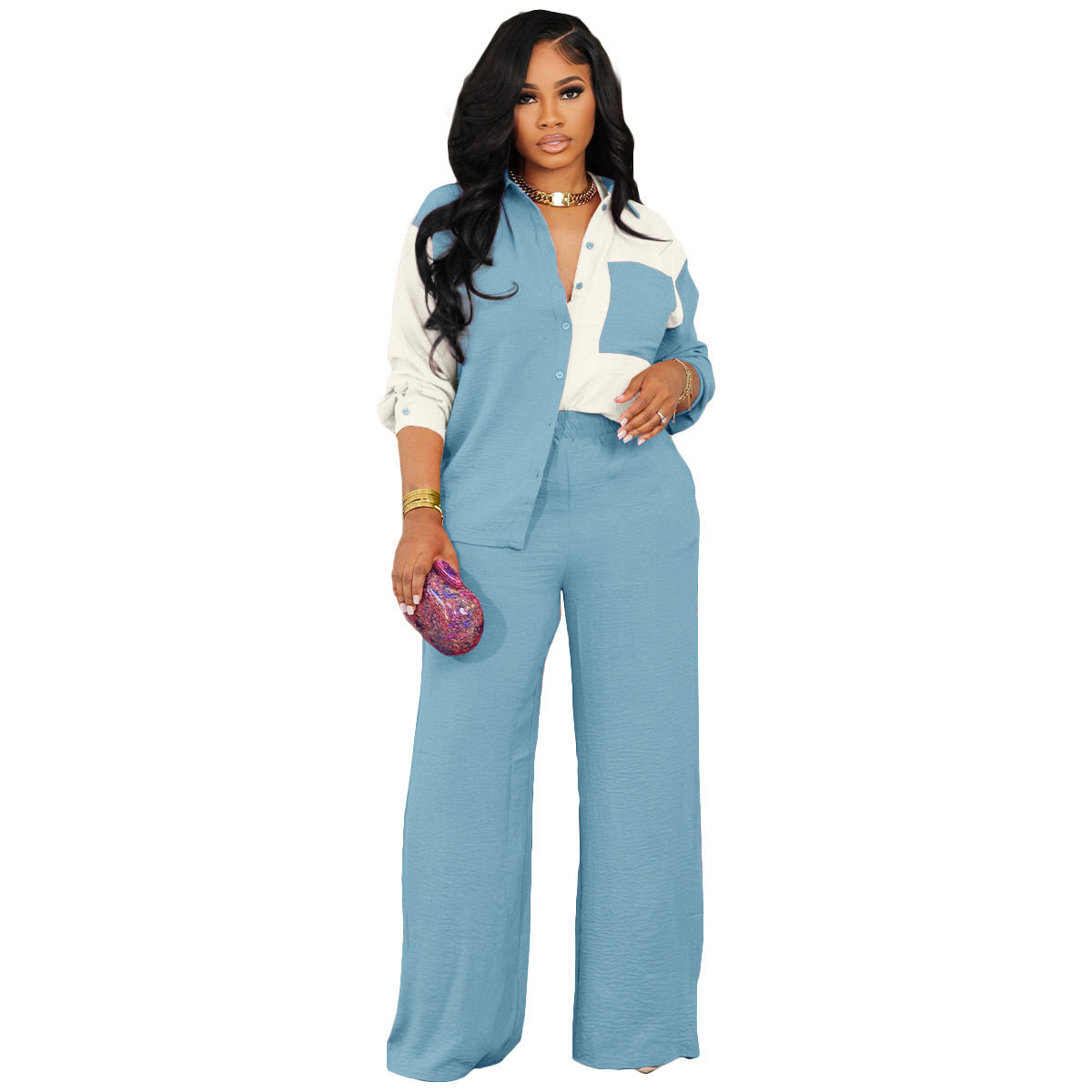 New Color Contrast Patchwork Pocket Casual Shirt Suit Two-piece Set