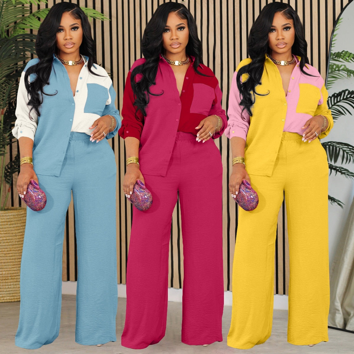 New Color Contrast Patchwork Pocket Casual Shirt Suit Two-piece Set